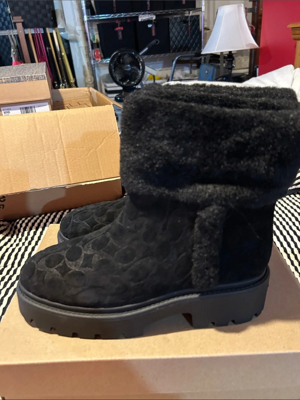 Coach Black Suede Shearling-Trim Lug Ankle Boot